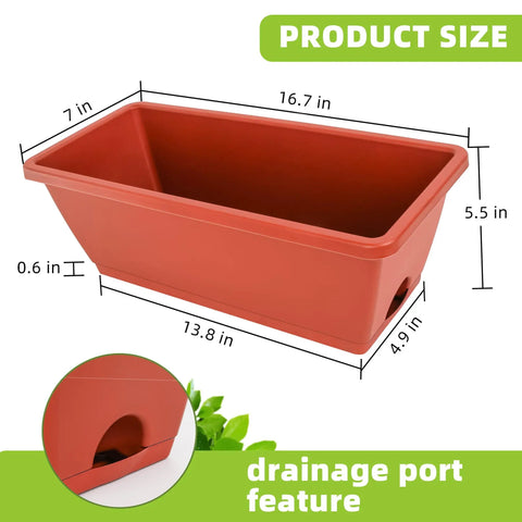 Durable 17 Inch Window Box Planter For Indoor Outdoor Gardens Plastic Rectangular Flower Pots With Saucers All Weather Ready And Great For Vegetables And Herbs Brick Red Patio Decor Easy To Clean