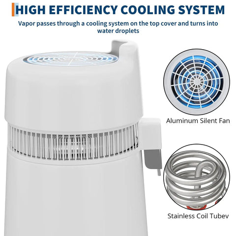 Top Notch Countertop Water Distiller With Rock Solid 900 Watt Heating Coil And Generous 1.6 Gallon Glass Pitcher showing cooling system and aluminum fan.