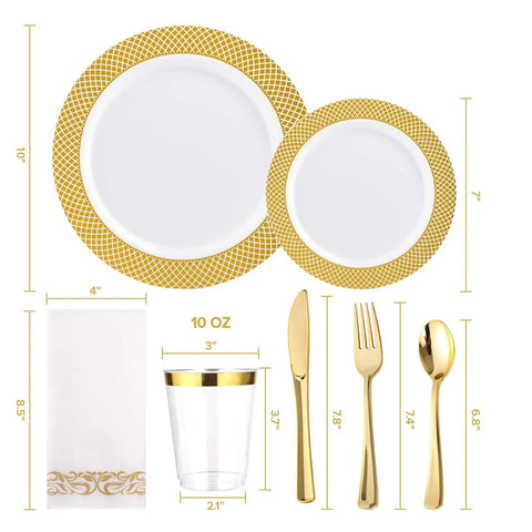 Kick Back Without The Hassle Using This Heavy Duty Gold Disposable Dinnerware Set For 25 Guests With Plates Cups Napkins Silverware Bpa Free Party Pack For Weddings And Block Parties - includes 10 inch plates and gold utensils.