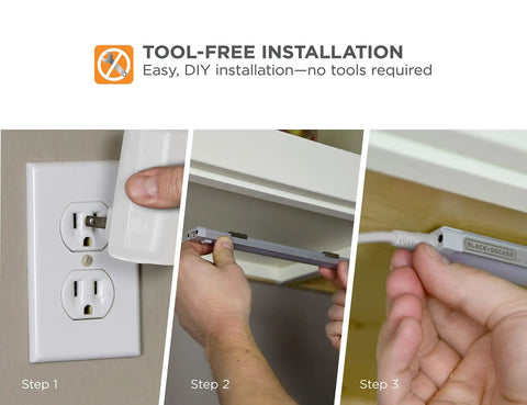 Tool-free installation of Under Cabinet LED Lighting Kit With Motion Sensor, 3 slim bars, 10 dimmable levels, warm white 2700K.