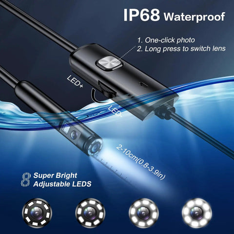 Dual Lens Endoscope Camera With Light For Inspections, 8 Plus 1 Adjustable LED Lights, IP68 Waterproof in water use