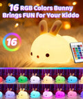 Bunny Squishy Night Light For Kids With Remote, 16 Colors And 5 Brightness Levels, showing color options and remote.