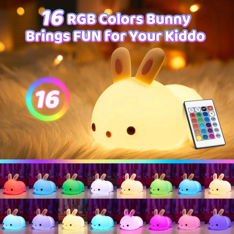 Bunny Squishy Night Light For Kids With Remote, 16 Colors And 5 Brightness Levels, showing color options and remote.