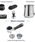 Components of Compact Espresso Machine With Built In Burr Grinder And Milk Frother For A Home Barista Kit on display.