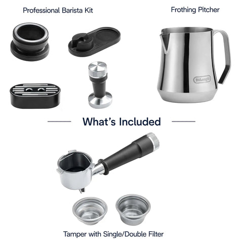 Components of Compact Espresso Machine With Built In Burr Grinder And Milk Frother For A Home Barista Kit on display.