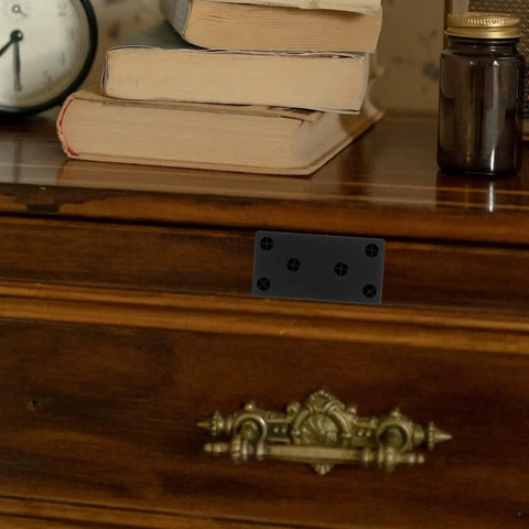Heavy Duty Black Stainless Steel Straight Furniture Brace Brackets attached to wooden furniture corner
