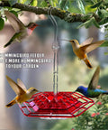 Outdoor Hummingbird Feeder With 30 Feeding Ports, Saucer Style, Ant Proof No Leak, Easy To Clean And Refill, Red feeder with hummingbirds.