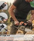 Man using chainsaw wearing 2 In 1 Reversible Ratchet Belt For Men With Stretch Black And Beige Adjustable 34 To 38 Inch Waist
