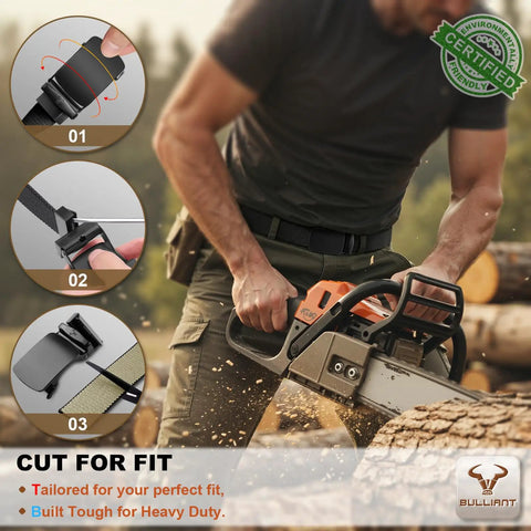 Man using chainsaw wearing 2 In 1 Reversible Ratchet Belt For Men With Stretch Black And Beige Adjustable 34 To 38 Inch Waist