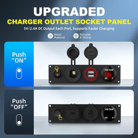 4 In 1 12V USB Panel With LED Voltmeter, Dual USB Charger Socket, Cigarette Lighter Socket, And Red LED Lighted Toggle Switch For Boat, Car, RV, Golf Cart, And ATV Power Hub black metal panel
