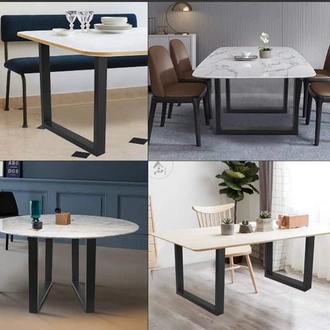 Two Pack Rock Solid Steel Table Legs For Custom Home Desks And Dining Tables With Hella Tough Matte Black Finish For Easy DIY Projects And Quick Build showing various table styles.