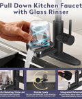 Kick Things Up A Notch With This Solid Matte Black Single Hole Faucet Offering A Smooth Pull Down Sprayer And Handy Cup Washer For Hassle Free Kitchen Tasks with glass rinser in use.