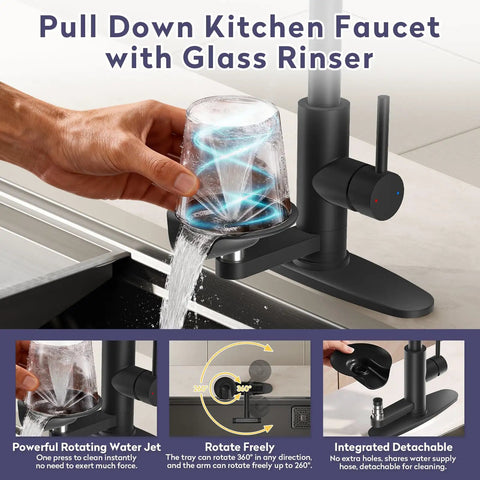 Kick Things Up A Notch With This Solid Matte Black Single Hole Faucet Offering A Smooth Pull Down Sprayer And Handy Cup Washer For Hassle Free Kitchen Tasks with glass rinser in use.