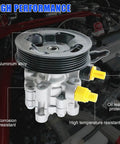 Hella Durable Power Steering Pump With Pulley Swaps In Clean For Toyota Corolla And Pontiac Vibe close-up view with aluminum alloy design and yellow connectors.