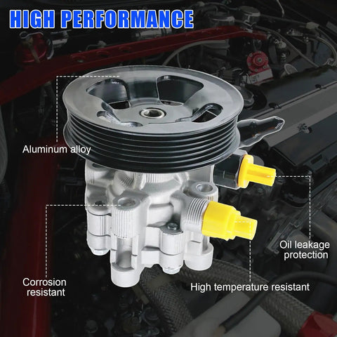 Hella Durable Power Steering Pump With Pulley Swaps In Clean For Toyota Corolla And Pontiac Vibe close-up view with aluminum alloy design and yellow connectors.