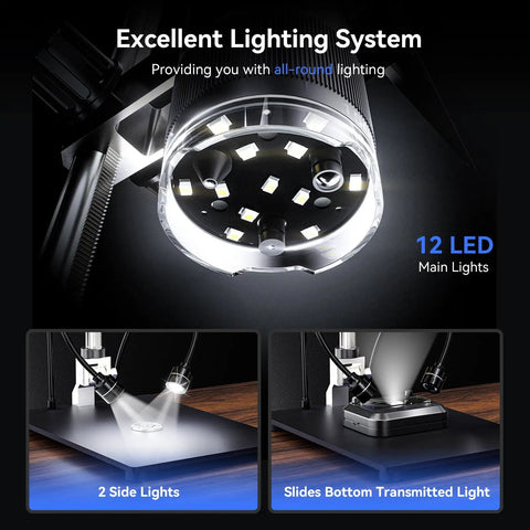 TriL110 3 Lens Digital Microscope With 10.1 Inch IPS Screen 2500X HD Coin View LCD Soldering Microscopy For Grownups 14 LED Lights 2K Quality PC And TV Compatible, 12 LED lighting close-up