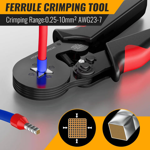 Pro Grade No-Fuss Self-Adjusting Wire Ferrule Crimp Tool Kit with 1800 Pcs Ferrule Terminals, crimping a red and blue wire