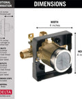 Universal Shower Valve Body For MultiChoice Systems with dimensions and brass material displayed.