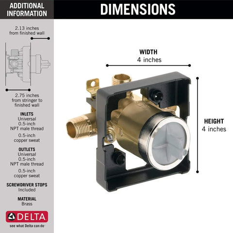 Universal Shower Valve Body For MultiChoice Systems with dimensions and brass material displayed.