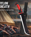 Beast 19 Inch Heavy Duty Machete With Saw Blade And Serrated Edge Rugged Black Coat next to tent and campfire