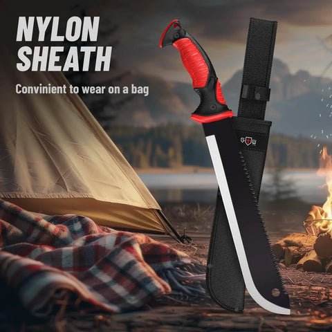 Beast 19 Inch Heavy Duty Machete With Saw Blade And Serrated Edge Rugged Black Coat next to tent and campfire