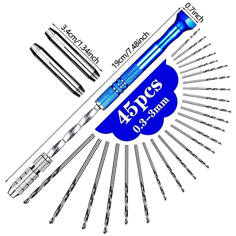 Premium 46 Piece Pin Vise Hand Drill Set With 45 Mini Twist Drill Bits Ranging From 0.3 To 3 Mm, displayed with drill sizes.