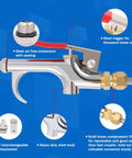 Close-up of Heavy Duty Truck Air Blow Gun Kit with coil hose, brass fittings, lever duster, and interchangeable nozzle tips, blue background.