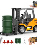 Mini RC Forklift Toy With App Control And Remote, 1:64 alloy crane, liftable forks, accessories, and remote control shown.