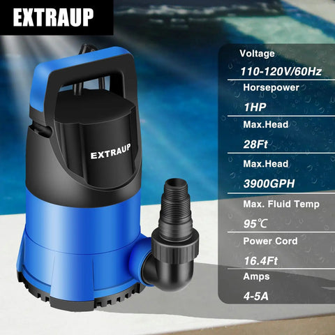 Blue submersible water pump with specifications, suitable for clean and dirty water transfer, identified as ExtraUp brand.