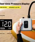 Person using Cordless Electric Paddle Board Pump With Auto Off And Dual Stage Inflation Deflation 7 Nozzles For SUPs Kayaks Boats
