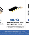Illustration steps for installing 6x4 White Modern AC Vent Cover With Decorative Linear Slot Diffuser including removal, measuring, and replacement.