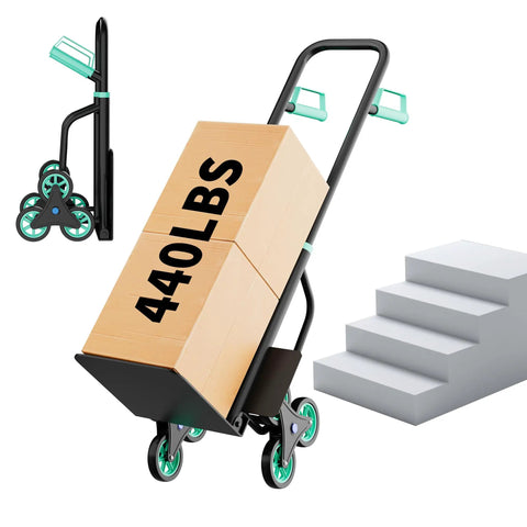Stair Climbing Dolly Cart With Wheels 440 Lb Capacity, Folding Hand Truck For Stair Use, 2 In 1 Stair And Flat Mode With Triangular 6 Wheel System, Heavy Duty Steel Frame, Easy Push On Stairs carrying box on stairs
