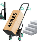 Beast Of A Stair Climbing Hand Truck With Six Wheel Dolly, 440 Lb Capacity, Telescoping Handle, Portable Moving Cart For Home, Grocery Runs, And Warehouse Chores Easy Stair Climb, Stable Traction. 6-wheel dolly with box on stairs