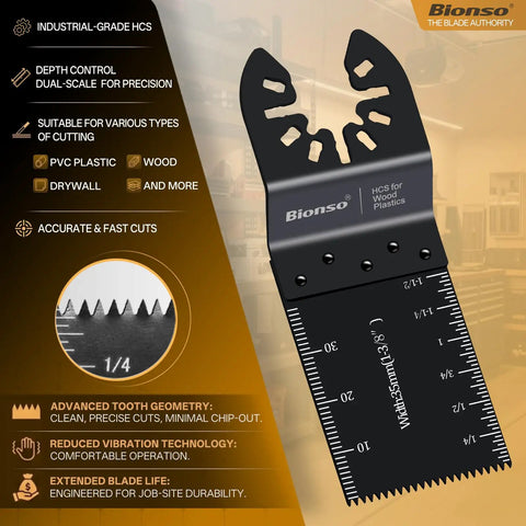 Close-up view of oscillating tool blade from 120 Piece Oscillating Tool Blade Set Pro Grade Titanium Universal Multitool Blades For Wood And Metal Heavy Duty Kit Compatible With Dewalt Ryobi Milwaukee Makita Rockwell Fein And More, showcasing measurement scale and tooth geometry.