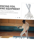 Clear Epee Body Cord For Fencing Multi Function Wire For Epee Gear in packaging next to fencer practicing indoors