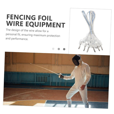 Clear Epee Body Cord For Fencing Multi Function Wire For Epee Gear in packaging next to fencer practicing indoors