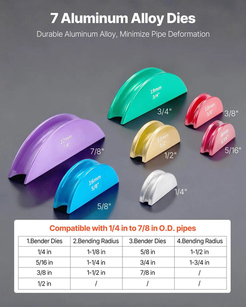 Seven color dies for Copper And Aluminum Tubing Bender Kit One Quarter Inch To Seven Eighths Inch for HVAC use