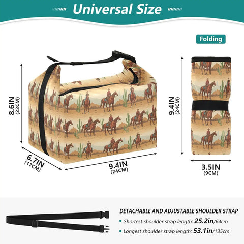 Cowboy Themed Lunch Bag Insulated Tote, 9.4x6.7x8.6 inches, adjustable strap, leakproof, folding demonstration.