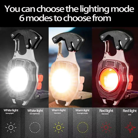Magnetic COB Keychain Work Light With 7 Modes, 1600 Lumens, Rechargeable LED Flashlight showing light modes in black color