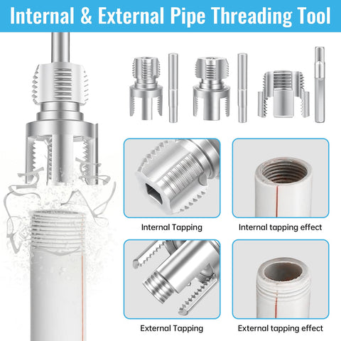 Diagram showing 3 Piece PVC Pipe Threader Set For Water Lines - 1/2 Inch, 3/4 Inch, And 1 Inch Dual Function Internal External Threading Tool