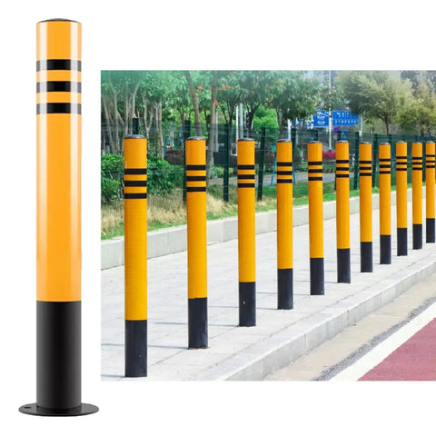 Commercial Grade Steel Security Parking Bollards With Hella Visible Neon Yellow Reflective Tape For Locking Down Driveway Traffic Flows And Guarding Entryways Two Pack, standing in a row.
