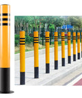 Heavy Duty Steel Security Parking Bollard Post With Hella Bright Yellow Coating For Driveways And Sidewalks, lined up in a row.