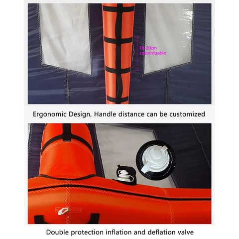 Close-up of dual airbag wing foil kitesurfing trainer kite with window design and safety window panel, showing handle and valve.