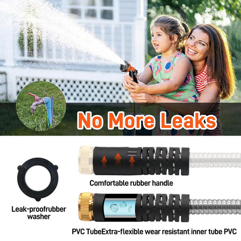 Mother and child using No Tangle 25ft Stainless Steel Garden Hose With Ten Function Adjustable Spray Nozzle