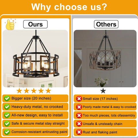 Twenty Inch Five Light Farmhouse Chandelier Featuring Walnut Wood And Matte Black Metal, shown in a comparison chart.