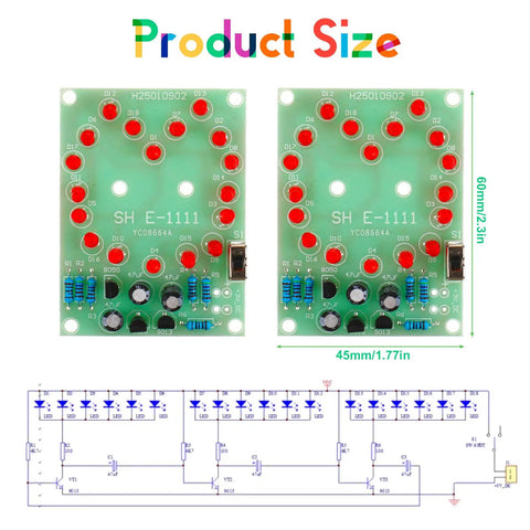 Two Sets Solder Practice Kit With Heart Shaped LED Lucky Wheel DIY Soldering Project Hands On Electronics Training Learn With A Heart Shaped LED Circuit Board And A Fun Probability Game - product dimensions and schematic shown