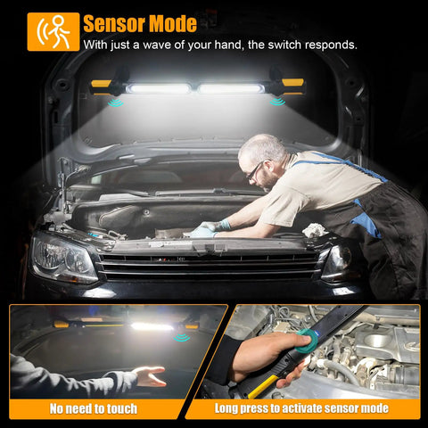 Mechanic using Pro Grade Dual Underhood Work Light With Smart Sensor Control 2400 Lumens LED 4400mAh Rechargeable Magnetic Base