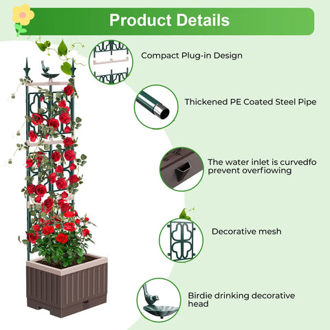 Raised Garden Bed Planter Box With Trellis 61.4 Inch Self Watering System displaying climbing plants and detailed design features.