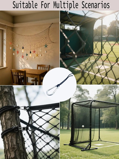 25 Pcs Batting Cage Net Hangers With Steel Carabiners And Lanyards for various indoor and outdoor setup examples.