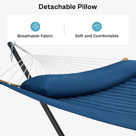 Curved Bar Hammock With Stand For Two People Heavy Duty Frame Detachable Pillow And Portable Carrying Bag For Outdoor And Indoor Use Navy Blue With A 12 Ft Polyester Fabric And Adjustable Height For Total Chill Comfort.